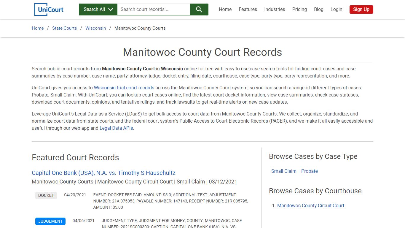 Manitowoc County Court Records | Wisconsin | UniCourt